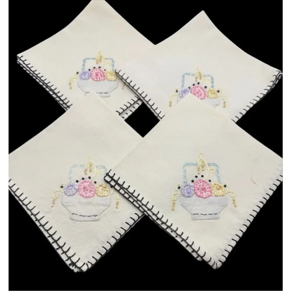 Embroidered Linen Napkins Vintage Easter Basket Embroidery 10 X 10” Set of 4